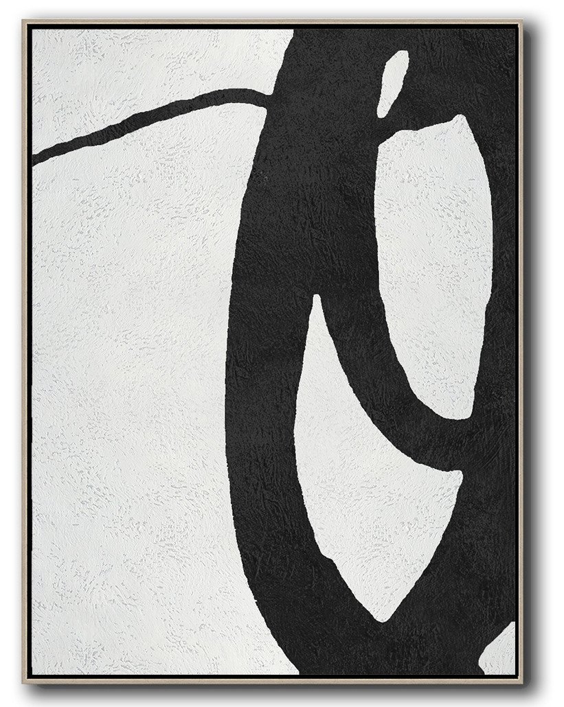 Hand-Painted Black And White Minimal Painting On Canvas - Large Canvas Prints Cheap Single Room Large